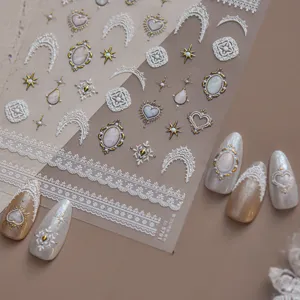 Pegatinas de Arte de Uñas de Encaje Relieve Retro Barroco Calcomanías de Manucura de Corazón Francés Decoración de Uñas Autoadhesiva