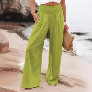 Dames hoge taille casual wijde broek van linnen voor zomervakantie strandbroek groen