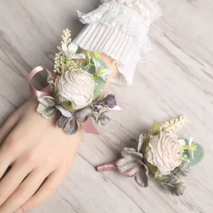 European style artificial rose wedding wrist flower and matching corsage set for bridesmaids.
