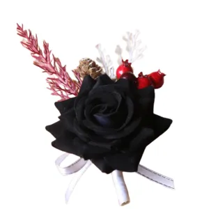 Elegant black rose boutonniere for Halloween parties, proms, and festive wedding suit decorations.
