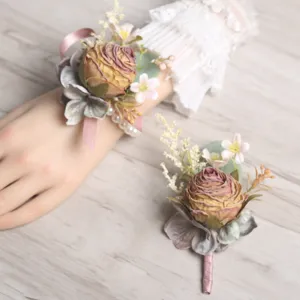 European style wedding artificial rose wrist flower and boutonniere set for bride and groom