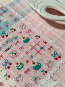 Cherry dessert nail art stickers featuring cute bows and pudding 3D designs.