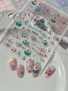 Summer fresh cherry pudding bow nail art stickers lace grid cute manicure decoration decals