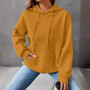 Sudadera con capucha de punto gofrado para mujer casual manga larga con bolsillo amarillo