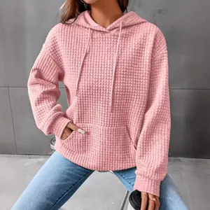 Mujer Rosa Sudadera con Capucha Tejido Waffle Manga Larga Bolsillo Casual Top Moda