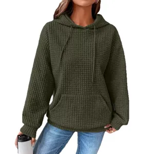 Sudadera con capucha para mujer de manga larga de punto de gofre color sólido casual top
