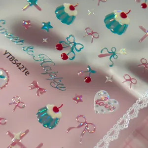 Cute cherry dessert nail stickers summer fresh pudding bow lace nail art decoration decals