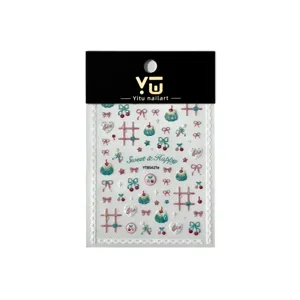 Summer fresh cherry pudding bow nail art stickers with lace border for DIY manicure decoration