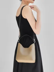 Elegante borsa a secchiello in pelle con manico intrecciato, borsa a tracolla chic quotidiana.