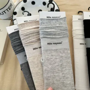 Detailed view of cotton vertical stripe slouch socks, minimalist mid-tube knit hosiery.