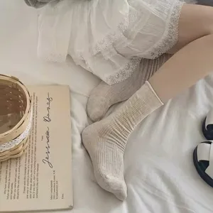 Summer thin cotton vertical stripe mid-tube socks French retro casual socks for women