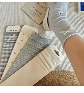 Stile dolce coreano a quadri fiocco doppio bordo lattuga calzini a metà polpaccio moda