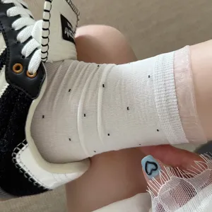 Chaussettes mi-hautes pour femmes pois fins printemps été avec dentelle organza et modal.