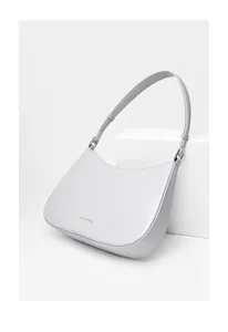 Close-up detail of the grey leather shoulder underarm bag, featuring smooth lines and metal.