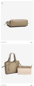 Minimalist leather tote bag with matching pouch, stylish taupe shoulder bag for daily commute.