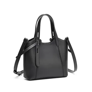 Stylish black genuine leather tote bag for women, casual versatile shoulder crossbody bucket bag.