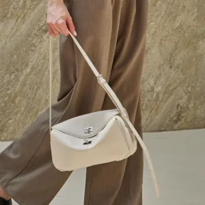 Beige leather crossbody shoulder bag for women, premium minimalist design casual hobo handbag.