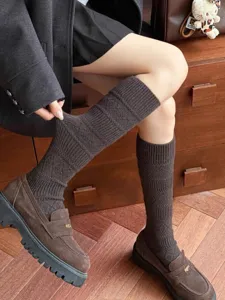 Calcetines altos de punto de lana para mujer, patrón de rombos, otoño invierno.