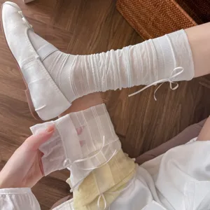 Women Casual Solid Color Slouch Socks Bow Striped Mesh Long Tube Socks Spring Summer Breathable JK Style Hosiery