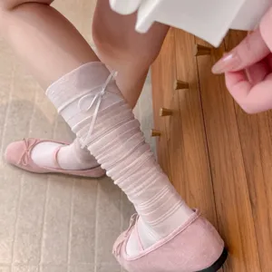 Ballet style bow mesh calf socks for women, spring summer thin striped long stackable socks.