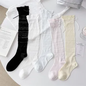 Women sheer striped knee high socks ballet core cute bow long stockings summer