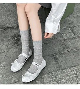 Grey sheer ribbed mid tube socks for women, perfect for cute ballet core style outfits.