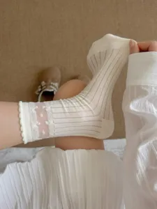 White sheer sheer socks detail showing lace trim, breathable mesh and fine ribbing for summer.