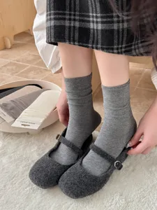 Cotton crew socks, grey knit stacked socks, casual comfy daily wear detail view close-up style