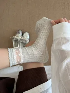 Sheer mesh mid-calf socks for women, cute lace ruffle trim with white dots breathable design.