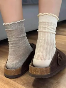 Women's thin mid-tube socks with ruffled lettuce edge, breathable ballet style casual daily wear.