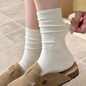 Women Casual Solid Color Cotton Slouch Socks Mid Tube Ribbed Knit Breathable Soft Daily Wear Fashion Hosiery