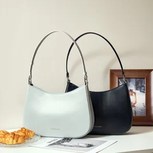 Elegant genuine leather shoulder bag, minimalist crescent underarm bag for women, white daily fashion.
