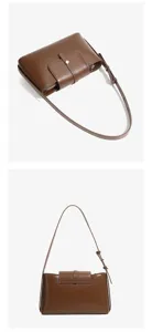 Bruine lederen schoudertas voor dames, elegante forenzen okseltas met flap en verstelbare riem.