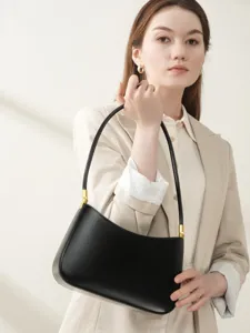 Minimalist Genuine Leather Underarm Bag For Women Solid Color Crescent Hobo Shoulder Bag Commuting Fashion Handbag