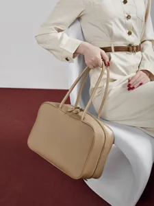 Beige leather handbag for women, stylish square boston shoulder bag main product view