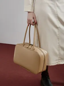 Minimalist Beige Leather Boston Handbag For Women Casual Top Handle Shoulder Bag Style