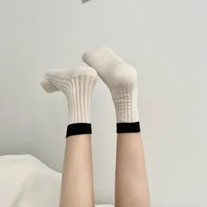 Women's Japanese Style Hollow-Out Crew Socks Cotton Breathable Solid Color Contrast Cuff Casual Fashion Socks