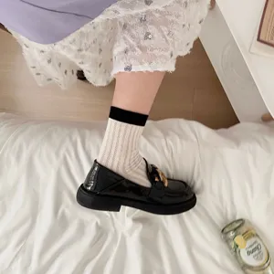 Women white ribbed mid-tube socks with black trim, cute Japanese style knit fashion hosiery.
