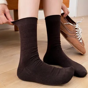 Women brown ribbed mid-calf socks autumn casual solid color breathable knitted cotton socks