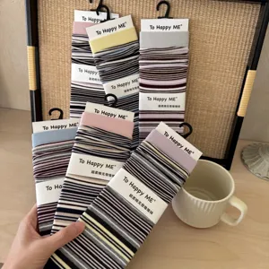 Retro striped mid-tube socks, Japanese color-blocking casual stacked socks for women, soft.