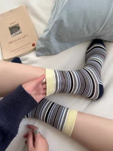 Retro striped mid-tube socks, Japanese color-blocking design, casual and versatile cozy daily wear.