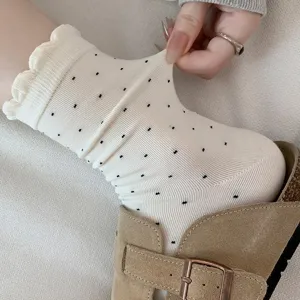 White cotton ruffled polka dot mid-tube slouchy socks for women casual cute daily wear