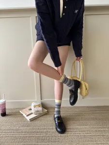 Retro striped mid-calf socks for women, vintage color block casual stacked hosiery