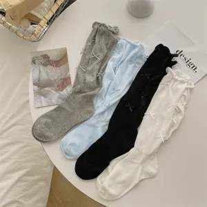 Ballet core bow knee high socks cute lolita stacked cotton long stockings for women.