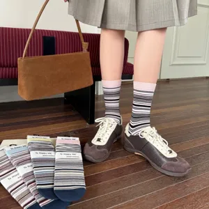 Retro striped mid-calf socks for women, Japanese style colorblock casual cute slouch cotton socks.