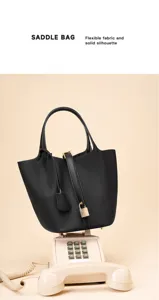 Sac seau en cuir noir pour femme, élégant sac à main fourre-tout avec cadenas et lanière.