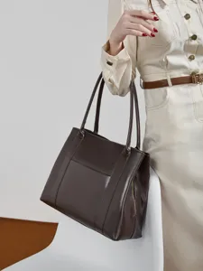 Dames Grote Capaciteit Toplaag Koeienhuid Tote Tas Effen Kleur Casual Reizen Schoudertas Veelzijdige Commuter Handtas