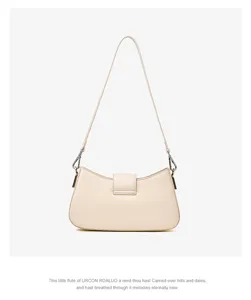 Minimalist beige baguette shoulder bag for women, chic commuting leather handbag with strap.