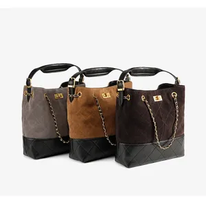 Borsa a secchiello in camoscio con catena da donna, elegante borsa a tracolla capiente.