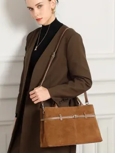 Large brown suede tote bag for women, soft leather commuter shoulder bag with large capacity.